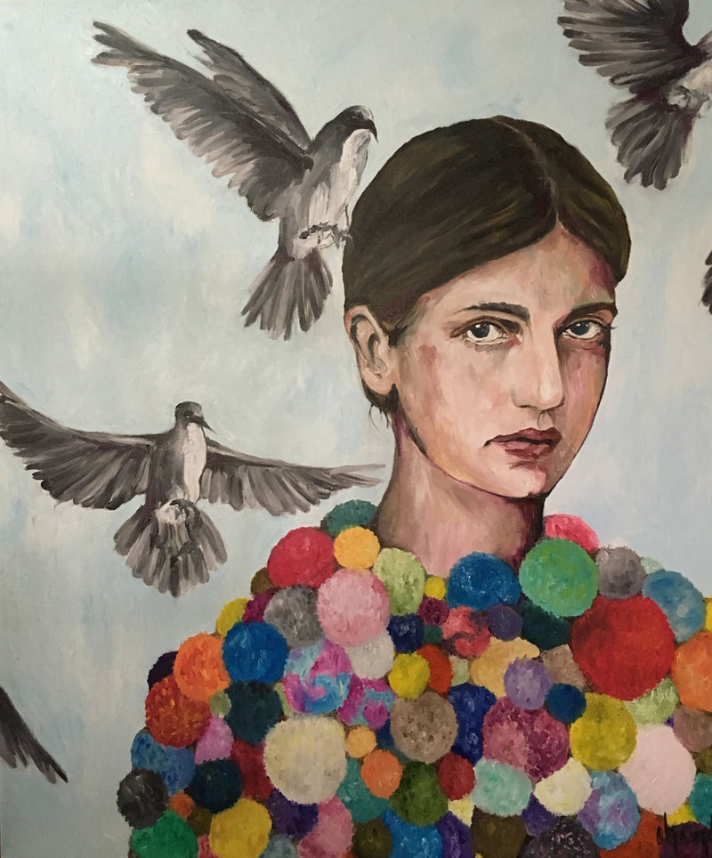 We live in a colorful world — oil painting of a woman surrounded by birds